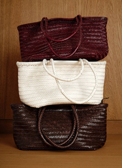 Rae Cream Leather Woven Tote Bag