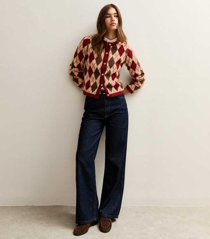 Red Argyle Long Sleeve Knit Cardigan