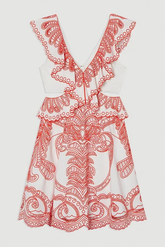 Cutwork Embroidered Ruffle Woven Dress