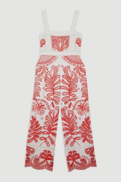 Cutwork Embroidered Wide Leg Woven Jumpsuit