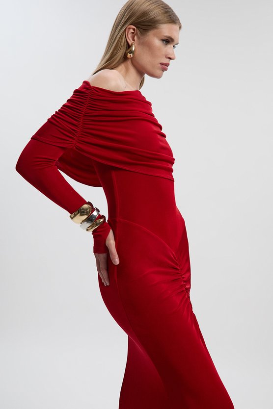 Drapey Crepe Off The Shoulder Ruched Detail Fishtail Maxi Dress