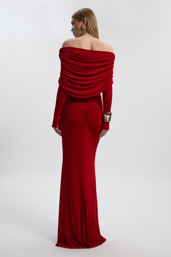 Drapey Crepe Off The Shoulder Ruched Detail Fishtail Maxi Dress