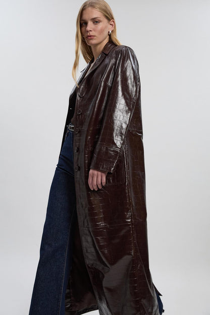 High Shine Croc Embossed Leather Belted Trench Coat