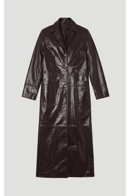 High Shine Croc Embossed Leather Belted Trench Coat