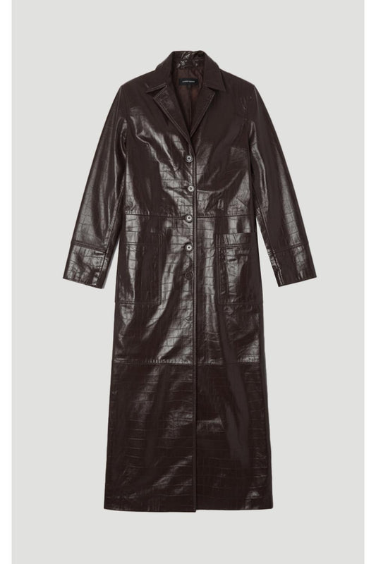 High Shine Croc Embossed Leather Belted Trench Coat