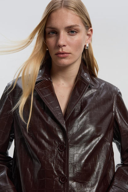 High Shine Croc Embossed Leather Belted Trench Coat