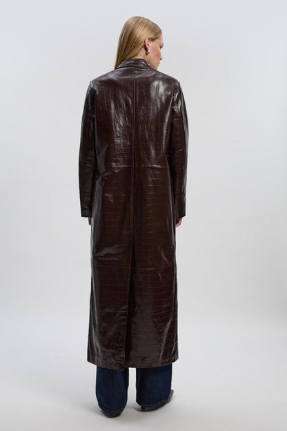 High Shine Croc Embossed Leather Belted Trench Coat