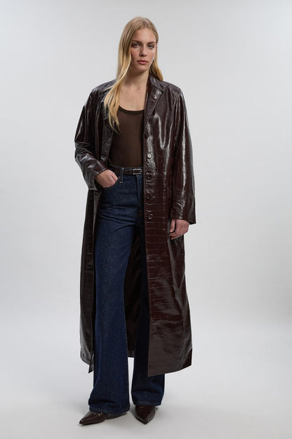 High Shine Croc Embossed Leather Belted Trench Coat