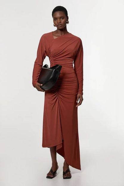 Jersey Crepe Ruched Long Sleeve Midi Dress