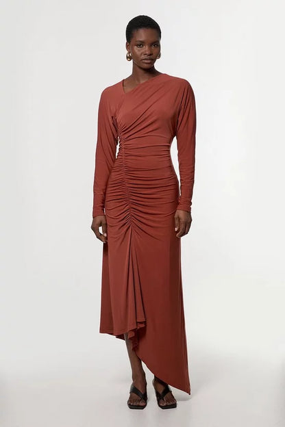 Jersey Crepe Ruched Long Sleeve Midi Dress