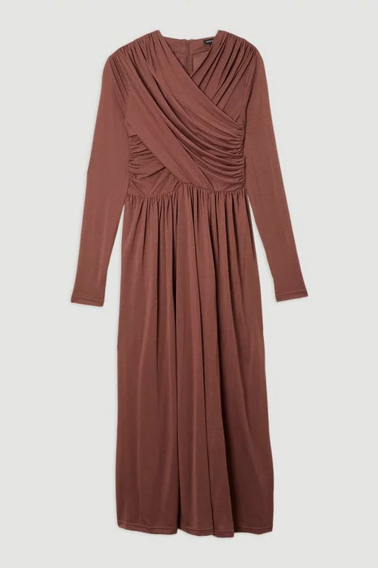 Jersey Crepe Ruched Long Sleeve Midi Dress