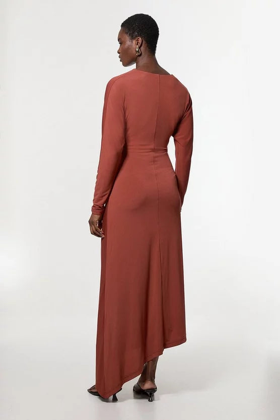 Jersey Crepe Ruched Long Sleeve Midi Dress