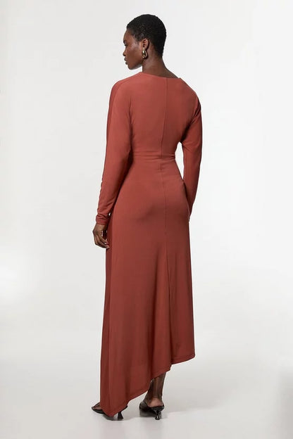 Jersey Crepe Ruched Long Sleeve Midi Dress