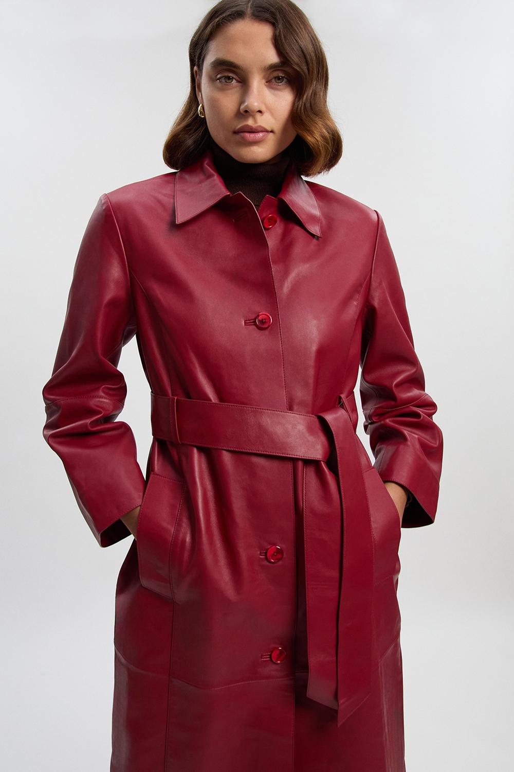 Leather Collared Belted Trench Coat