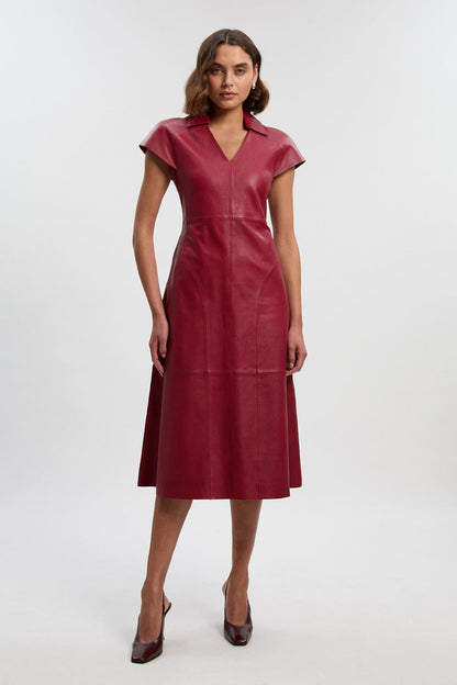 Leather Collared Tailored Midi Dress
