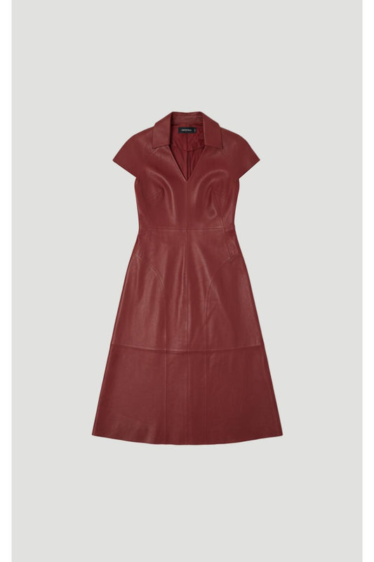 Leather Collared Tailored Midi Dress