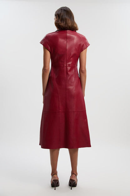 Leather Collared Tailored Midi Dress