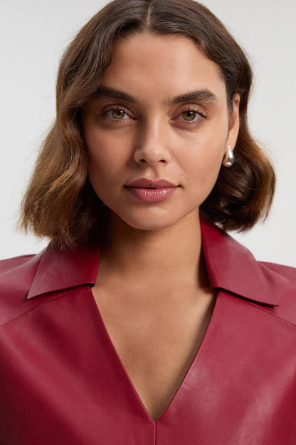 Leather Collared Tailored Midi Dress