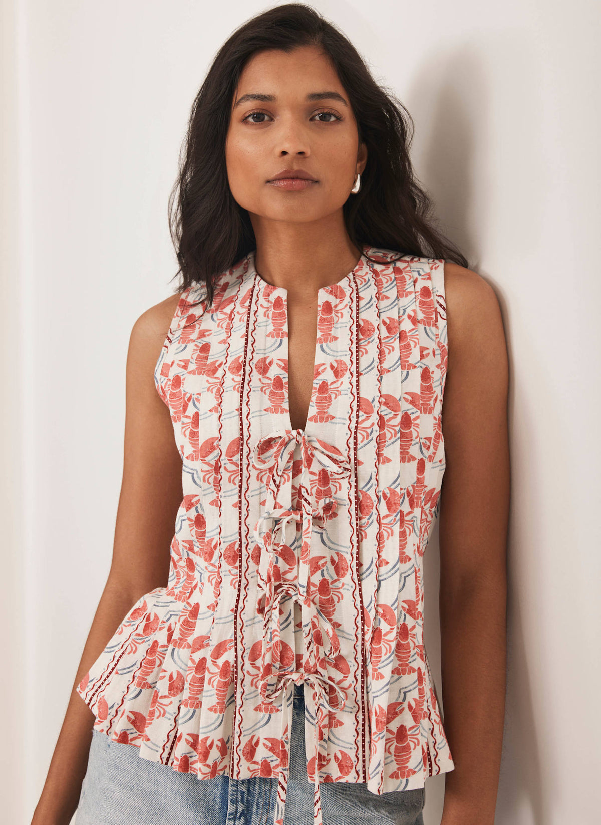 Red Lobster Print Tie Front Top