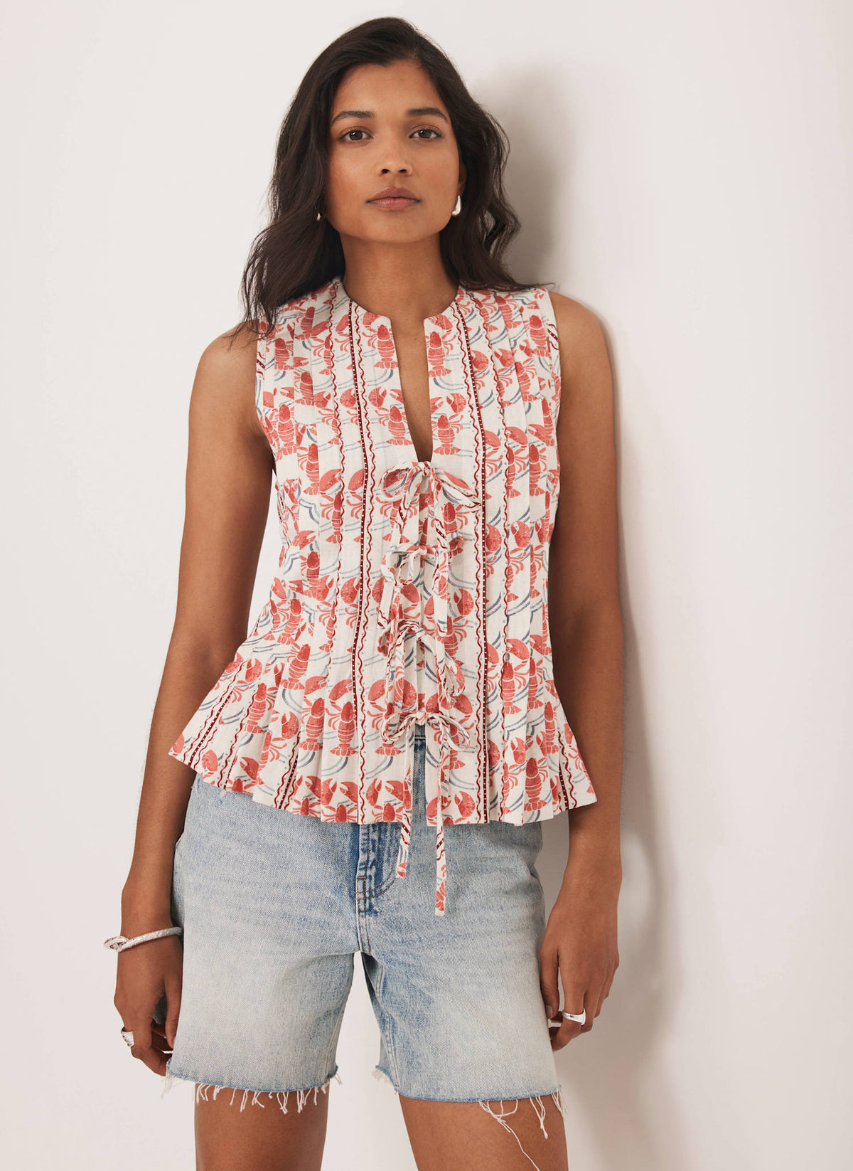 Red Lobster Print Tie Front Top