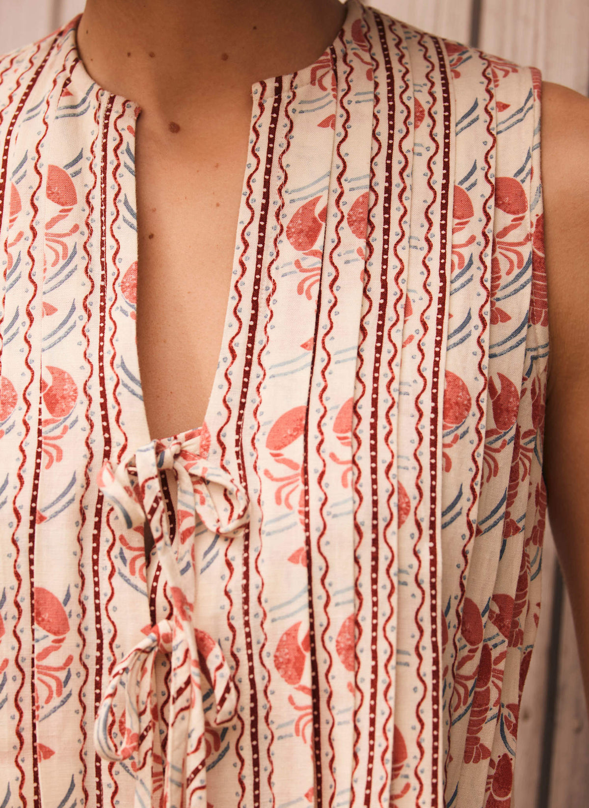 Red Lobster Print Tie Front Top