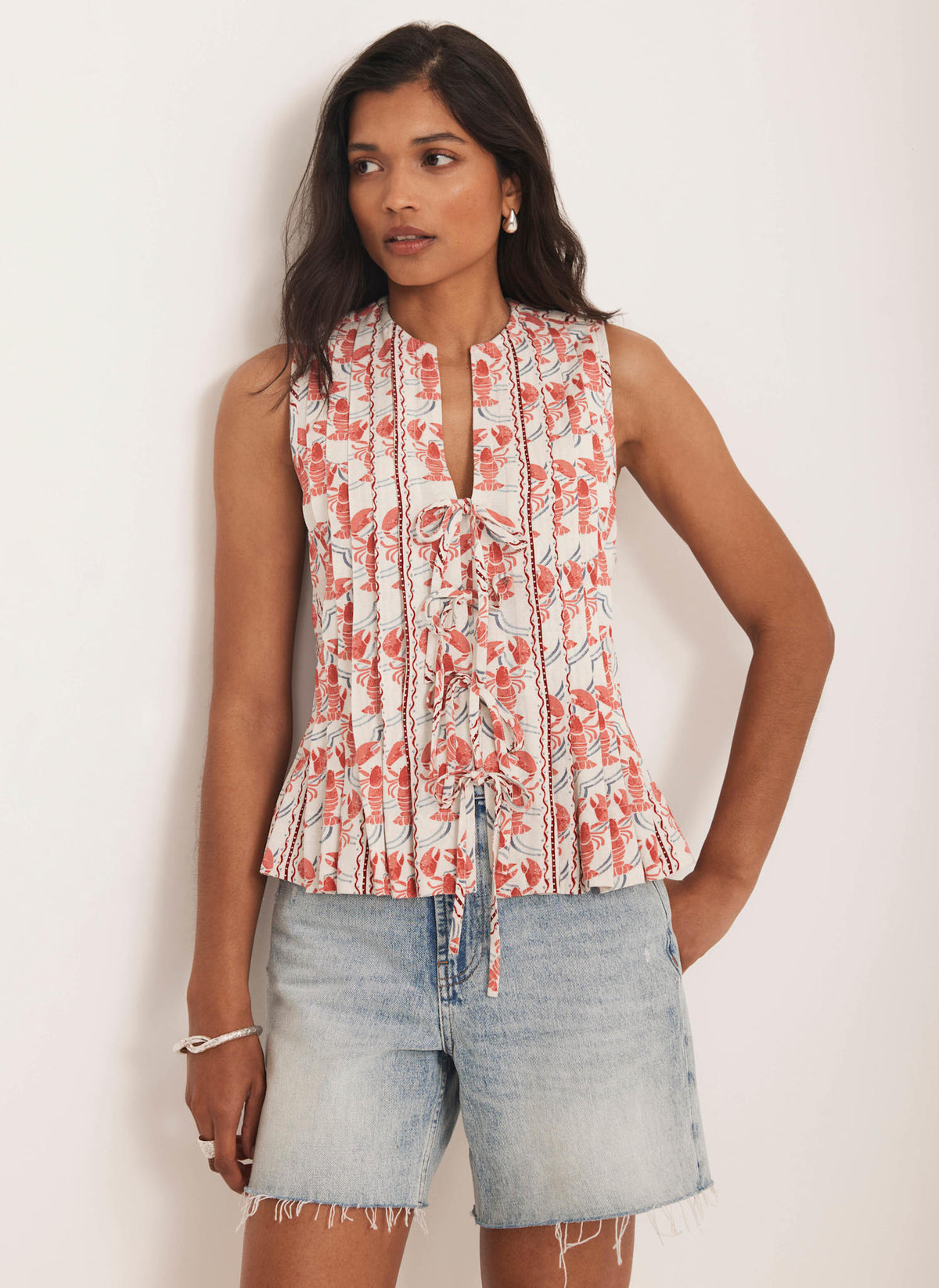 Red Lobster Print Tie Front Top