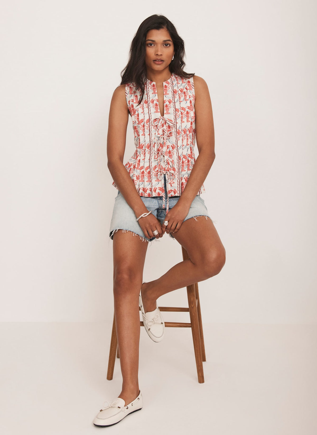 Red Lobster Print Tie Front Top