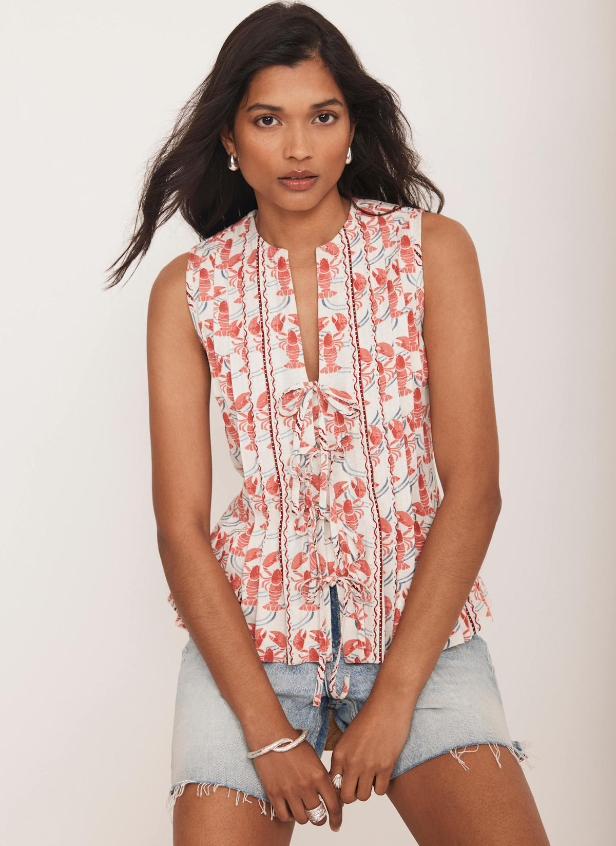 Red Lobster Print Tie Front Top