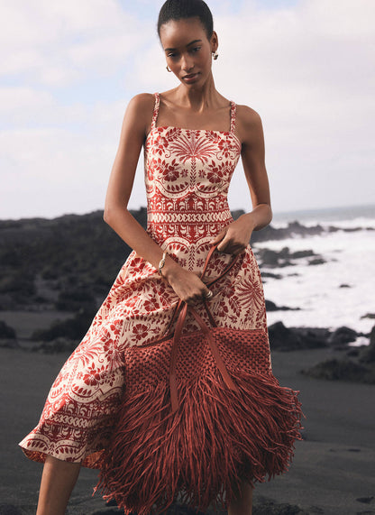 Red Palm Print Midi Dress