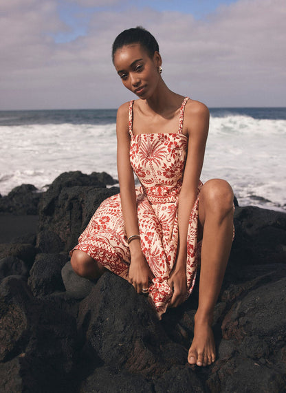 Red Palm Print Midi Dress