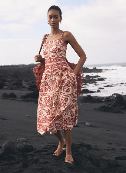 Red Palm Print Midi Dress