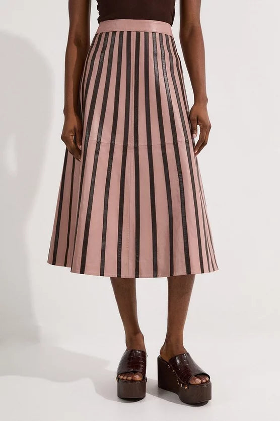 Leather Stripe Mix Full Midi Skirt