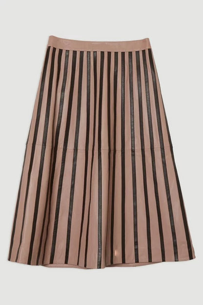 Leather Stripe Mix Full Midi Skirt