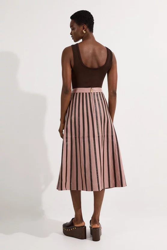 Leather Stripe Mix Full Midi Skirt