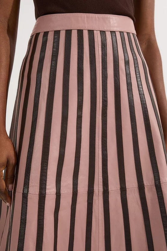 Leather Stripe Mix Full Midi Skirt