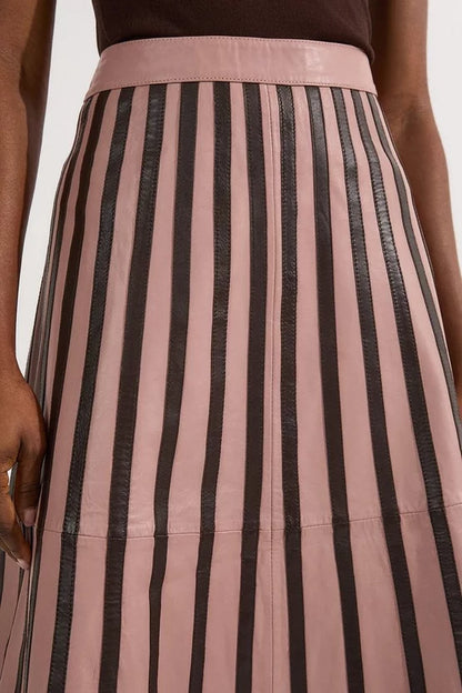 Leather Stripe Mix Full Midi Skirt