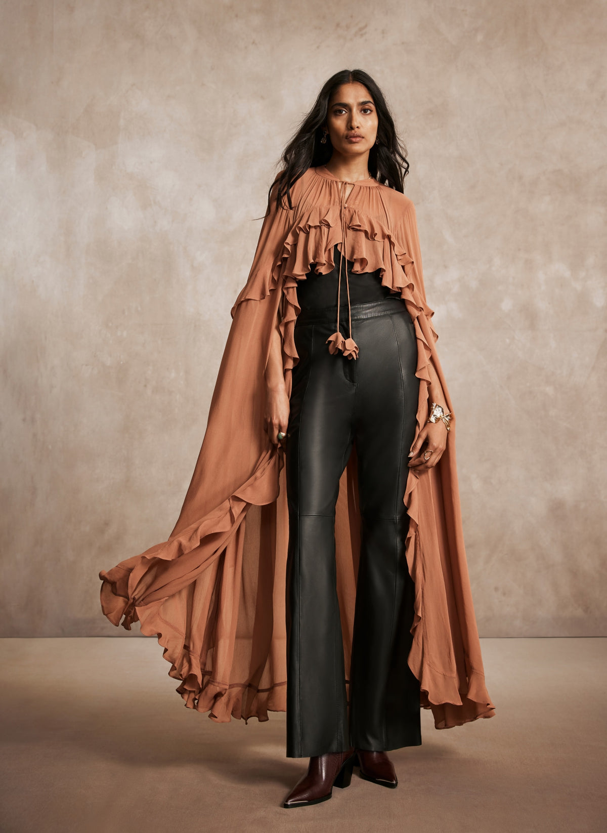 Rust Ruffle Detail Maxi Cape