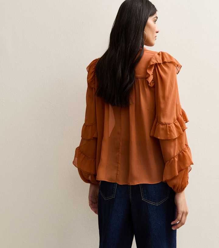 Rust Chiffon Frilly Trimmed Keyhole Neck Blouse