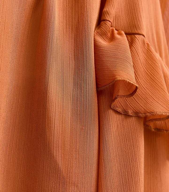 Rust Chiffon Frilly Trimmed Keyhole Neck Blouse