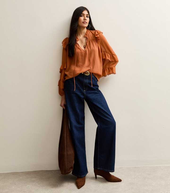 Rust Chiffon Frilly Trimmed Keyhole Neck Blouse