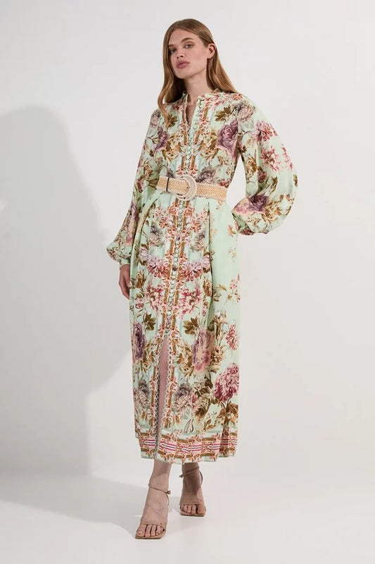 Floral Placed Embroidery Organdie Woven Midi Dress