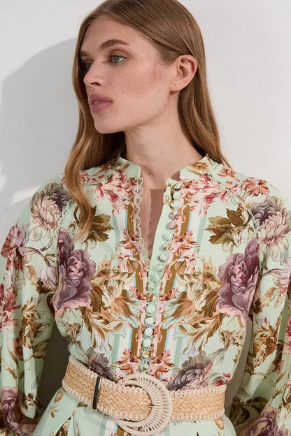 Floral Placed Embroidery Organdie Woven Midi Dress