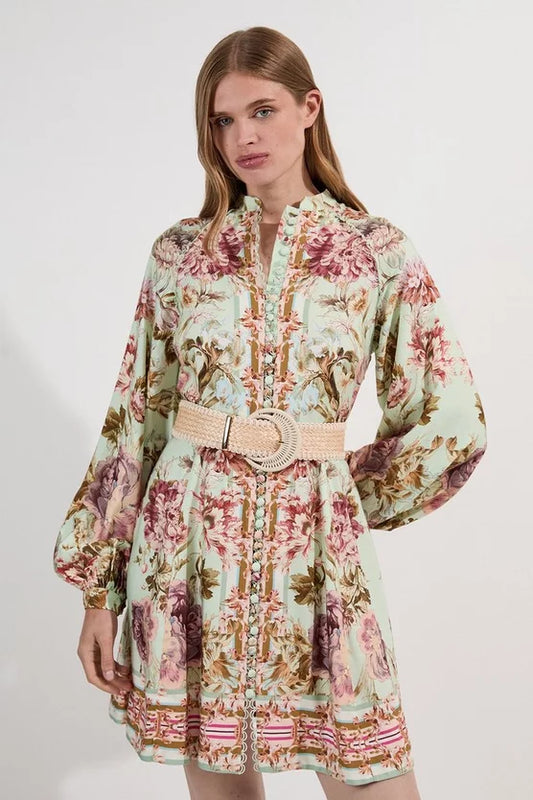 Mirrored Floral Viscose Linen Mini Dress