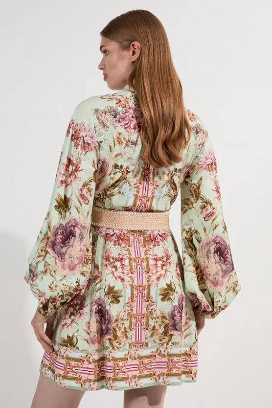Mirrored Floral Viscose Linen Mini Dress
