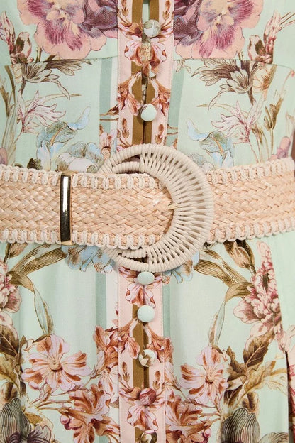 Mirrored Floral Viscose Linen Strappy Maxi Dress
