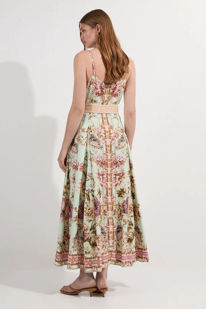 Mirrored Floral Viscose Linen Strappy Maxi Dress