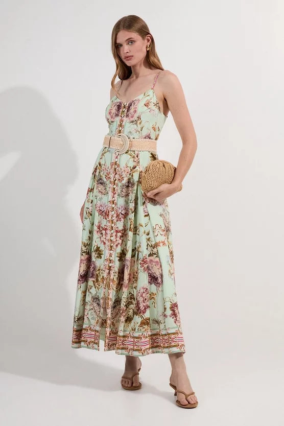 Mirrored Floral Viscose Linen Strappy Maxi Dress