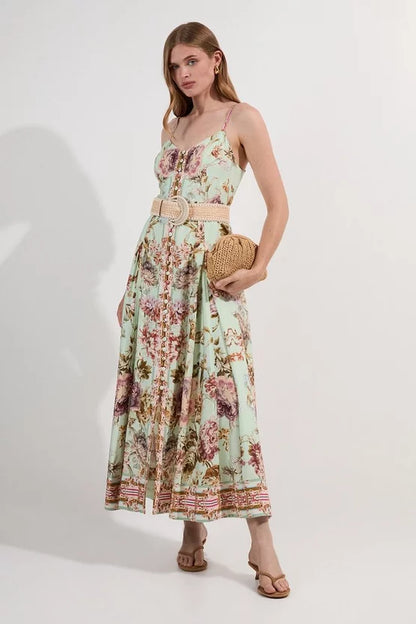 Mirrored Floral Viscose Linen Strappy Maxi Dress