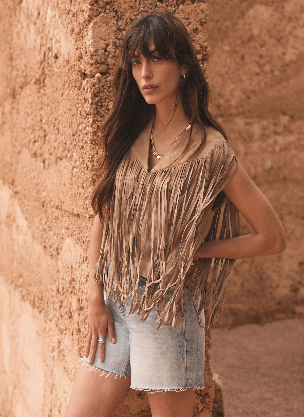 Neutral Suede Fringed Waistcoat