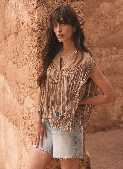 Neutral Suede Fringed Waistcoat